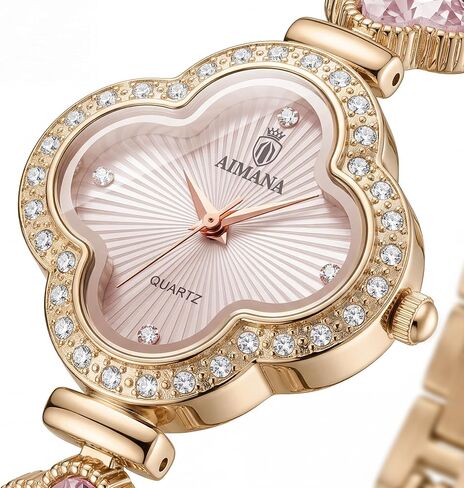 Gold Watches for Women, Rose Gold Tone Bracelet Watch for Ladies Jewelry, Vintage Quatrefoil-Shaped Pink Dial, Small Analog Quartz, Adjustment Tool Included in Kuwait