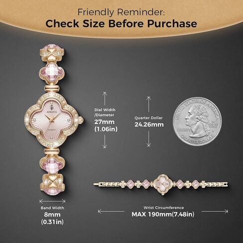 Gold Watches for Women, Rose Gold Tone Bracelet Watch for Ladies Jewelry, Vintage Quatrefoil-Shaped Pink Dial, Small Analog Quartz, Adjustment Tool Included in Kuwait