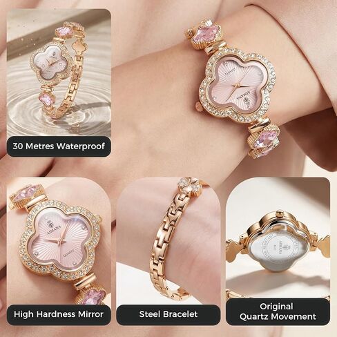 Gold Watches for Women, Rose Gold Tone Bracelet Watch for Ladies Jewelry, Vintage Quatrefoil-Shaped Pink Dial, Small Analog Quartz, Adjustment Tool Included in Kuwait