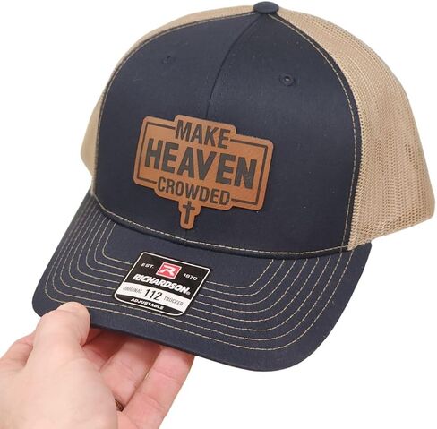 Knot Creatives Navy and Tan Mesh Baseball Cap, Make Heaven Crowded Leatherette Patch, Adjustable Strap Hat, Outdoor Sports Cap in Saudi Arabia