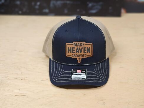 Knot Creatives Navy and Tan Mesh Baseball Cap, Make Heaven Crowded Leatherette Patch, Adjustable Strap Hat, Outdoor Sports Cap in Saudi Arabia