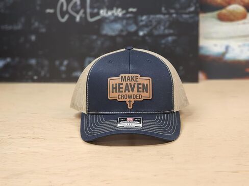 Knot Creatives Navy and Tan Mesh Baseball Cap, Make Heaven Crowded Leatherette Patch, Adjustable Strap Hat, Outdoor Sports Cap in Saudi Arabia