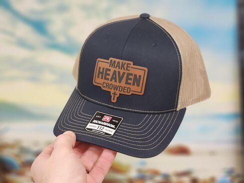 Knot Creatives Navy and Tan Mesh Baseball Cap, Make Heaven Crowded Leatherette Patch, Adjustable Strap Hat, Outdoor Sports Cap in Saudi Arabia