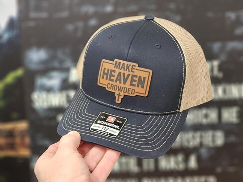 Knot Creatives Navy and Tan Mesh Baseball Cap, Make Heaven Crowded Leatherette Patch, Adjustable Strap Hat, Outdoor Sports Cap in Saudi Arabia
