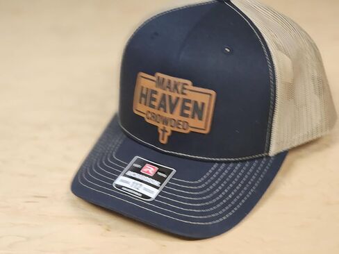 Knot Creatives Navy and Tan Mesh Baseball Cap, Make Heaven Crowded Leatherette Patch, Adjustable Strap Hat, Outdoor Sports Cap in Saudi Arabia