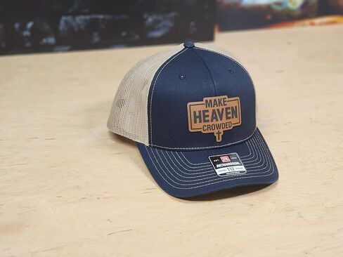 Knot Creatives Navy and Tan Mesh Baseball Cap, Make Heaven Crowded Leatherette Patch, Adjustable Strap Hat, Outdoor Sports Cap in Saudi Arabia