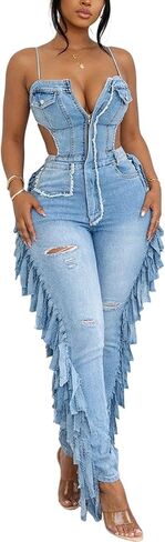 Denim Jumpsuit for Women Sleeveless Backless Zip Up V Neck Jumpsuit Bodycon with Tassel Casual in Kuwait