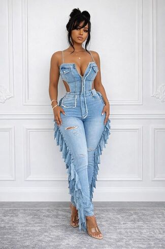 Denim Jumpsuit for Women Sleeveless Backless Zip Up V Neck Jumpsuit Bodycon with Tassel Casual in Kuwait