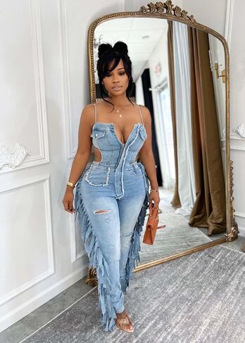 Denim Jumpsuit for Women Sleeveless Backless Zip Up V Neck Jumpsuit Bodycon with Tassel Casual in Kuwait