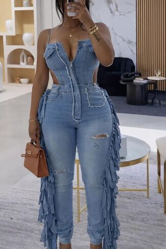 Denim Jumpsuit for Women Sleeveless Backless Zip Up V Neck Jumpsuit Bodycon with Tassel Casual in Kuwait