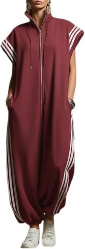 Apvirdy Women's Zip Up Jumpsuits Cap Short Sleeve Mock Neck Long Pant One Piece Rompers with Pockets Sportswear in Saudi Arabia