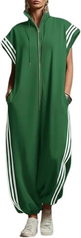 Apvirdy Women's Zip Up Jumpsuits Cap Short Sleeve Mock Neck Long Pant One Piece Rompers with Pockets Sportswear in Kuwait