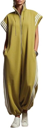Apvirdy Women's Zip Up Jumpsuits Cap Short Sleeve Mock Neck Long Pant One Piece Rompers with Pockets Sportswear in Kuwait