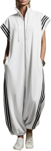 Apvirdy Women's Zip Up Jumpsuits Cap Short Sleeve Mock Neck Long Pant One Piece Rompers with Pockets Sportswear in Kuwait