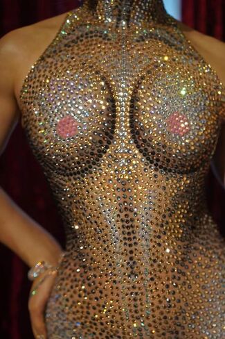 Women All-Over Rhinestone High Neck Catsuit Stretch Bodycon Jumpsuit for Stage Performance, Drag Queen, and Nightclub Events in Saudi Arabia