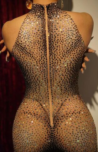 Women All-Over Rhinestone High Neck Catsuit Stretch Bodycon Jumpsuit for Stage Performance, Drag Queen, and Nightclub Events in Saudi Arabia