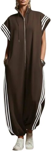Apvirdy Women's Zip Up Jumpsuits Cap Short Sleeve Mock Neck Long Pant One Piece Rompers with Pockets Sportswear in Kuwait