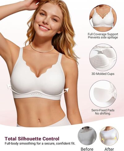 As Fairy Wireless Bras for Women No Underwire Full Coverage Jelly Lift Strong Support Push Up Scalloped Everyday Tshirt Bra Seamless Soft Daily Wear Breathable Air Hole Design(White 36DD) in Kuwait