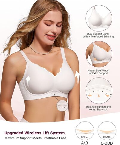 As Fairy Wireless Bras for Women No Underwire Full Coverage Jelly Lift Strong Support Push Up Scalloped Everyday Tshirt Bra Seamless Soft Daily Wear Breathable Air Hole Design(White 36DD) in Kuwait