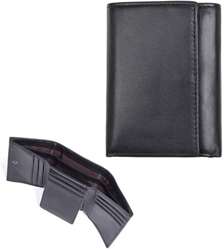 Genuine Leather Short Trifold Wallet for Men, RFID Blocking, Snap Closure. 11 Card Slots, 2 ID Windows. Black in Kuwait