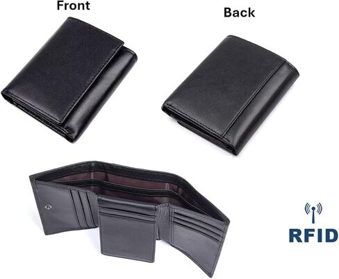 Genuine Leather Short Trifold Wallet for Men, RFID Blocking, Snap Closure. 11 Card Slots, 2 ID Windows. Black in Kuwait