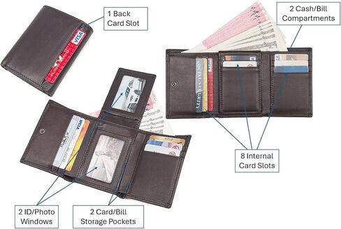 Genuine Leather Short Trifold Wallet for Men, RFID Blocking, Snap Closure. 11 Card Slots, 2 ID Windows. Black in Kuwait