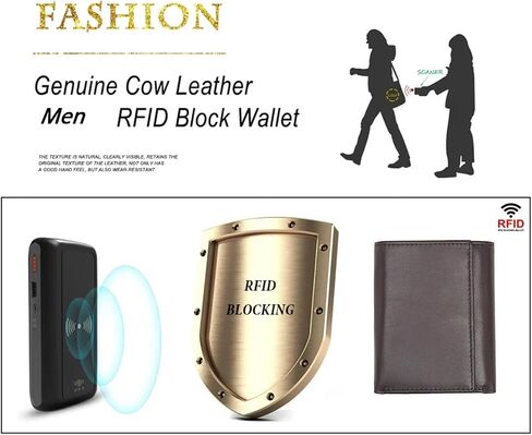 Genuine Leather Short Trifold Wallet for Men, RFID Blocking, Snap Closure. 11 Card Slots, 2 ID Windows. Black in Kuwait