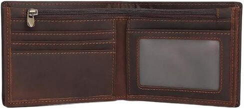 Men's RFID Blocking Wallet Cowboy Genuine Natural Crazy Horse Leather Bifold Wallet for Men With Zipper (Dark Brown) in Kuwait