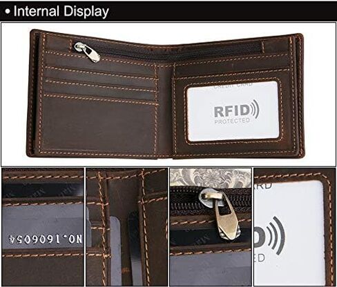 Men's RFID Blocking Wallet Cowboy Genuine Natural Crazy Horse Leather Bifold Wallet for Men With Zipper (Dark Brown) in Kuwait