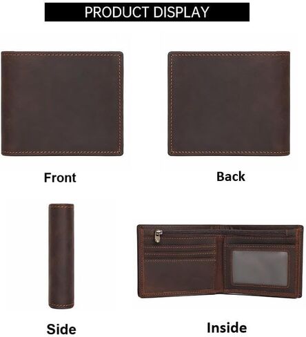 Men's RFID Blocking Wallet Cowboy Genuine Natural Crazy Horse Leather Bifold Wallet for Men With Zipper (Dark Brown) in Kuwait
