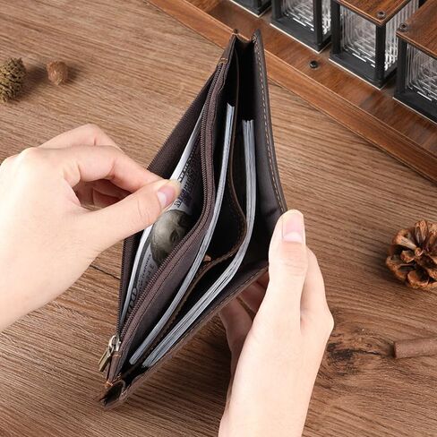 Men's RFID Blocking Wallet Cowboy Genuine Natural Crazy Horse Leather Bifold Wallet for Men With Zipper (Dark Brown) in Kuwait