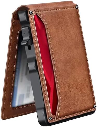 SakerPlus Anti-theft Aluminum Alloy Card Holder, RFID Wallet for Men, Slim Front Pocket Card Wallet with 2-Fold Design, Holds 4-8 Cards and Folded Cash, Thin Metal Wallet (1PC, Yellow Brown) in Kuwait