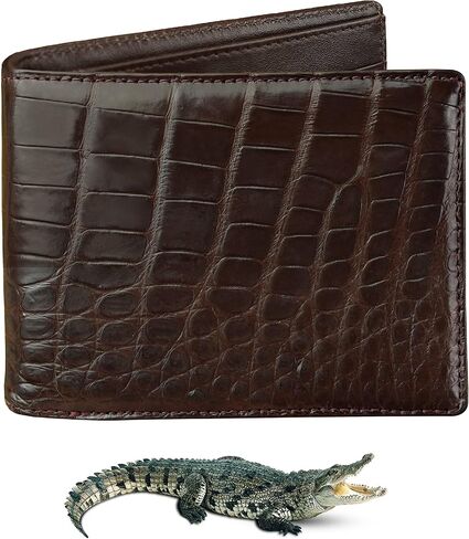 Dark Brown Mens Alligator Belly Leather Billfold Wallet Crocodile Passcase Bifold Luxury Wallet Multiple RFID Blocking Security Handmade Exotic Leather With Flip-out ID Window Gift Men VINAM-16 in Kuwait