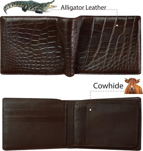 Dark Brown Mens Alligator Belly Leather Billfold Wallet Crocodile Passcase Bifold Luxury Wallet Multiple RFID Blocking Security Handmade Exotic Leather With Flip-out ID Window Gift Men VINAM-16 in Kuwait