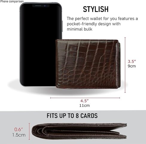 Dark Brown Mens Alligator Belly Leather Billfold Wallet Crocodile Passcase Bifold Luxury Wallet Multiple RFID Blocking Security Handmade Exotic Leather With Flip-out ID Window Gift Men VINAM-16 in Kuwait
