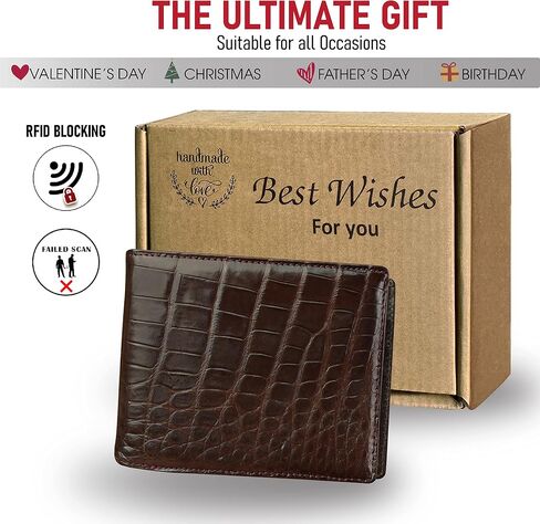 Dark Brown Mens Alligator Belly Leather Billfold Wallet Crocodile Passcase Bifold Luxury Wallet Multiple RFID Blocking Security Handmade Exotic Leather With Flip-out ID Window Gift Men VINAM-16 in Kuwait