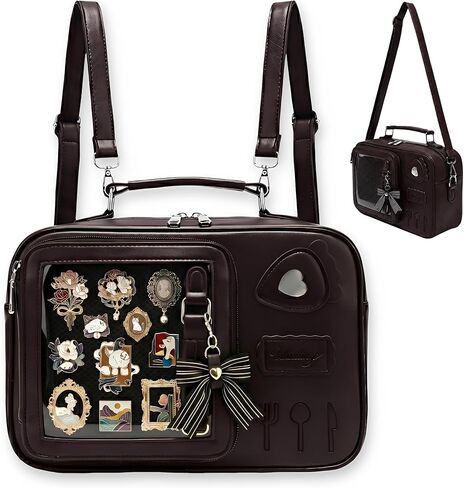 Ita Bag Crossbody Backpack with Insert, Lolita TV Shape Clear Window Pin Display Bag, Convertible PU Leather Kawaii Anime Shoulder Bag for Women, Teen Girls & Comic-Cons - Brown in Saudi Arabia