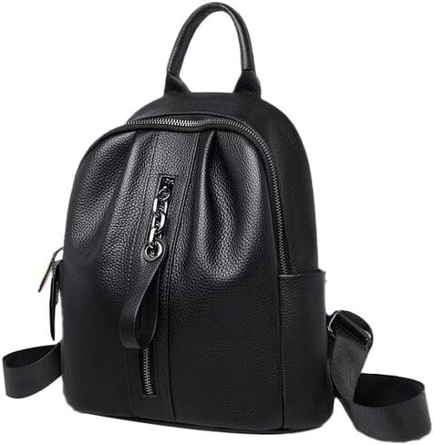 Genuine cowhide leather women's backpack with lychee pattern, mini shell-shaped casual single-shoulder small schoolbag (Black) in Saudi Arabia