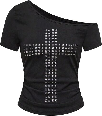 BEAUDRM Women's Y2k Cross Rivet T Shirt Grunge Punk Off The Shoulder Short Sleeve Going Out Tops Streetwear in Saudi Arabia