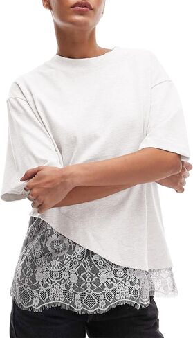 Women's Lace Patchwork Top Summer Daily Relaxed Fit Drop Shoulder Short Sleeve Blouse Casual Weekend T-Shirt(White-S) in Saudi Arabia