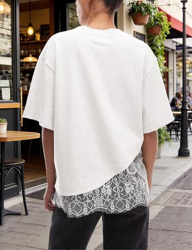 Women's Lace Patchwork Top Summer Daily Relaxed Fit Drop Shoulder Short Sleeve Blouse Casual Weekend T-Shirt(White-S) in Saudi Arabia