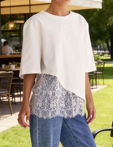 Women's Lace Patchwork Top Summer Daily Relaxed Fit Drop Shoulder Short Sleeve Blouse Casual Weekend T-Shirt(White-S) in Saudi Arabia
