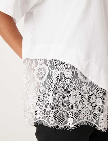 Women's Lace Patchwork Top Summer Daily Relaxed Fit Drop Shoulder Short Sleeve Blouse Casual Weekend T-Shirt(White-S) in Saudi Arabia