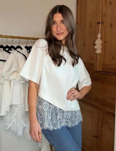 Women's Lace Patchwork Top Summer Daily Relaxed Fit Drop Shoulder Short Sleeve Blouse Casual Weekend T-Shirt(White-S) in Saudi Arabia