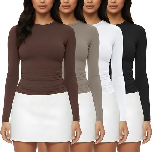 Siimcuzy 4 Pack Womens Long Sleeve Shirts Crew Neck Basic Tight Fitted Crop Compression Gym Workout Athletic Underscrub Tops in Saudi Arabia