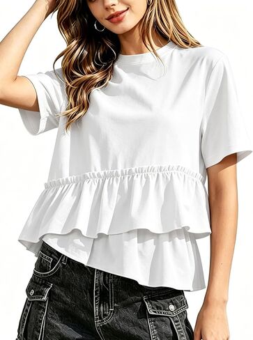 Womens Summer Short Sleeve T-Shirts Peplum Babydoll Crew Neck Ruffle Hem Casual Pleated Tops in Saudi Arabia