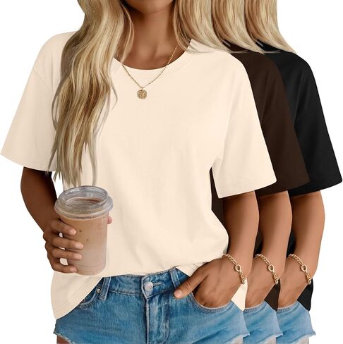 3 Pack Women's Cotton Oversized T-Shirts Half Sleeve Crew Neck Tops Elbow Length Shirts Summer Casual Loose Fit Tees in Saudi Arabia