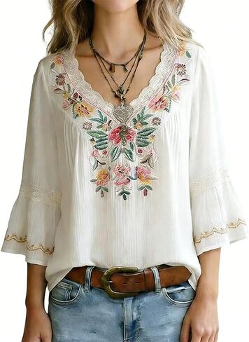Women's Vintage Floral Embroidered Lace Trim V-Neck 3/4 Bell Sleeve Casual Boho Top in Saudi Arabia
