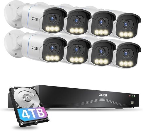 ZOSI 4K PoE Security Camera System,4pcs 4K C186 Aurora Lux Outdoor Indoor Wired PoE Cameras,Person Vehicle Detection,Color Night Vision,2 Way Audio,8MP 8CH Home NVR with 2TB HDD for 24/7 Recording in Saudi Arabia