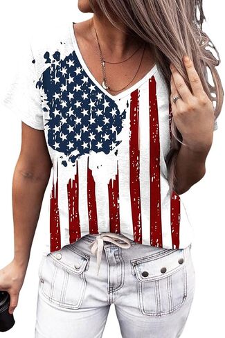 V Neck Patriotic Shirt for Women USA Flag Graphic Memorial Day Tops You Look Like Want Hotdog BBQ Novelty Tee in Saudi Arabia